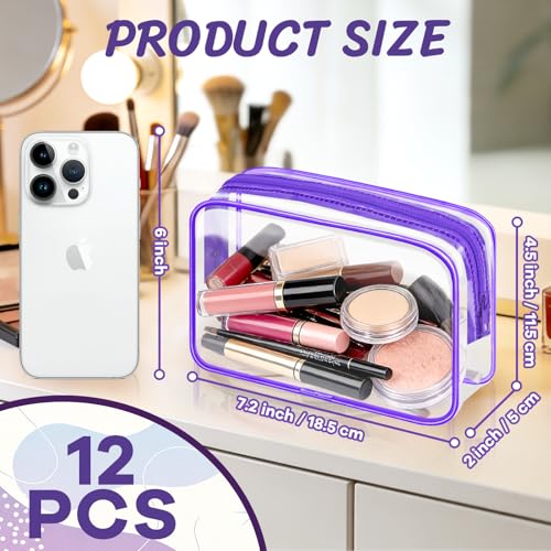 12PCS Clear Makeup Bag Transparent PVC Makeup Bag Waterproof Plastic Zipper Pouches Travel Toiletry Organizer Cosmetic Storage Case for Women Traveling Bathroom (Medium / Purple)