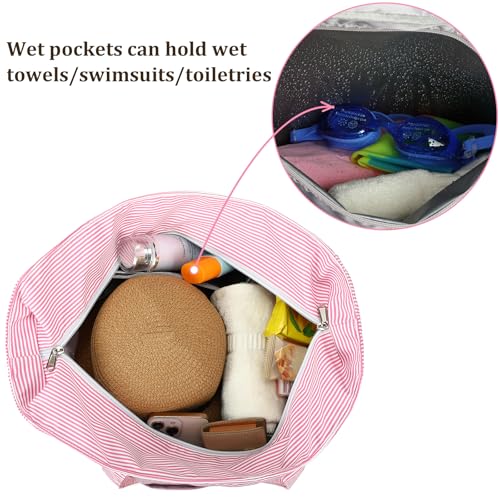 Beach Bag Waterproof Sandproof Women Beach Tote Swim Pool Bag with Zipper Wet Pocket for Gym Grocery Travel Family (Soft Pink)