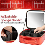Makeup Travel Train Case with Mirror LED Light 3 Adjustable Brightness Large Cosmetic Bag Portable Storage Adjustable Partition Waterproof Brushes Make up Jewelry Gift for Women (Red)
