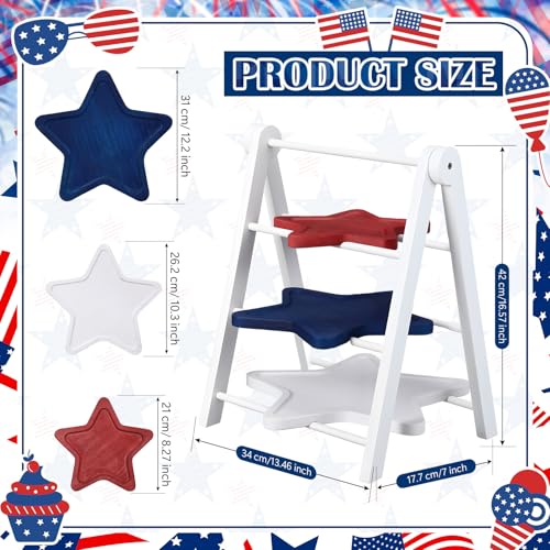 3 Tier Patriotic Star Serving Tray Red White Blue Wooden 4th of July Dessert Platters Independence Day 12" (Independence Day)