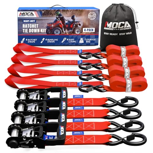 MOCA Heavy Duty Ratchet Straps Tie Down 4 Pack 1.6" x 8 ft (Red / 8ft)