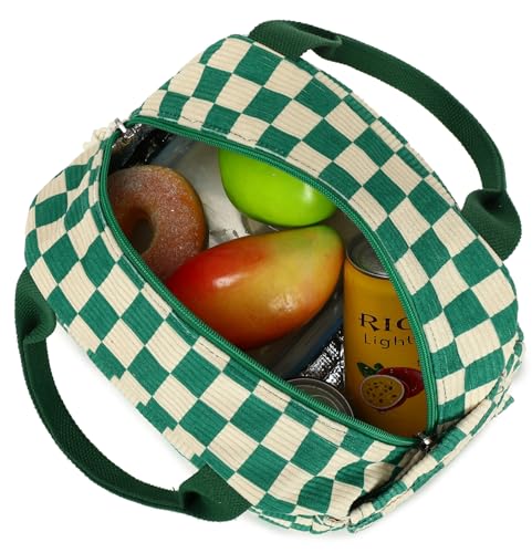 Lunch Box for Women men Insulated Cute Corduroy Lunch bag (Corduroy Green White Checked / 10L)