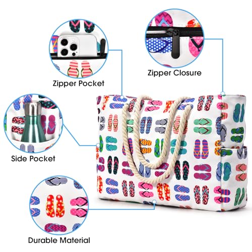 Beach Bags for Women Large Waterproof Sandproof Beach Tote Swim Pool Bag with Zipper (Slipper)
