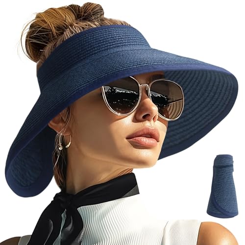 Sun Visors Hats for Women Wide Brim Straw Visor Packable Foldable Ponytail Travel Beach Hat Vacation Essentials Blue