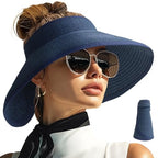 Sun Visors Hats for Women Wide Brim Straw Visor Packable Foldable Ponytail Travel Beach Hat Vacation Essentials Blue