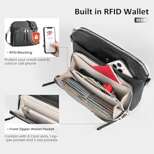 Black Genuine Leather Crossbody Bags for Women Travel Wallet Purse (Black)