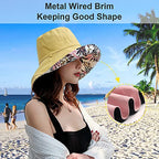 Women Floral Reversible Wide Brim Sun Hats Wired Edge Summer UPF Hat for Beach Hiking Garden Travel Lawn Work Chin Strap (Medium / Qf002-yellow)