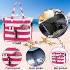 Waterproof Beach Tote Pool Bags for Women Ladies Extra Large Carry On Bag With Wet Compartment for Weekender Travel (Rose-pink Stripes)
