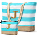 Beach Bag Initial Beach Tote with Makeup Bag for Travel Work Storage Personalized Birthday Gifts for Women Her (Cyan Blue 2 Pcs / J)