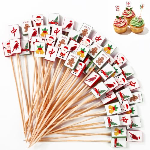 100 Pieces Christmas Mahjong Cocktail Picks Decorative Bamboo Cocktail Skewers 5.3 Inch Wooden Fruit Toothpicks for Christmas Game Night Appetizers Bar Drink Fruit Party Supplies (Christmas Mahjong)