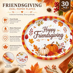 Thanksgiving and Friendsgiving Large Oval Paper Plates 30 Count (Fall Harvest Multicolor (orange, Brown, Yellow, Red))