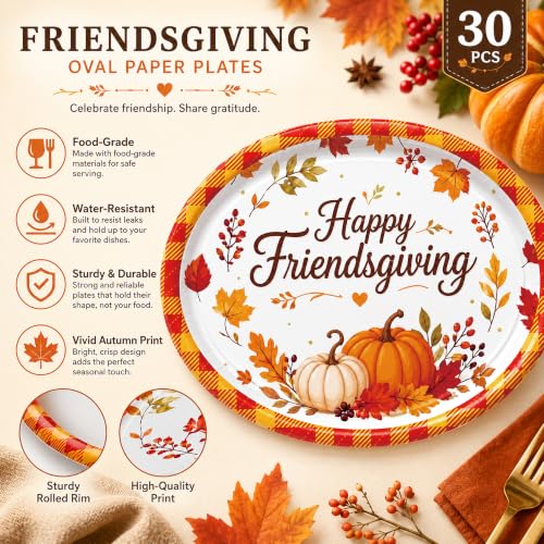 Thanksgiving and Friendsgiving Large Oval Paper Plates 30 Count (Fall Harvest Multicolor (orange, Brown, Yellow, Red))