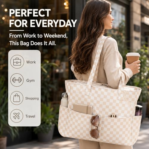 Beach Bag Waterproof Sandproof Women Beach Tote Pool Bag with Zipper for Gym Grocery Travel with Wet Pocket (Khaki White)