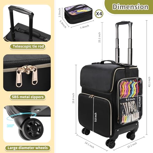 Hairstylist Traveling Case with 4 Clear Travel Makeup Bags Set (Black-with 4 Clear Bags / XL)