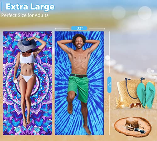Microfiber Beach Towel with Bag Oversized 71x32 Sand Free 4 Pack (4 Pack Blue and Tie Dye / 71"x32")