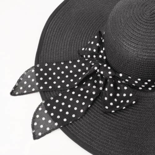 Wide Brim Sun Hat for Women Floppy Straw Hat Summer Beach Hats Fashionable Trendy Hats Sun Protection UPF 50+ (1 Pack With Polka Dot Bow: Black)