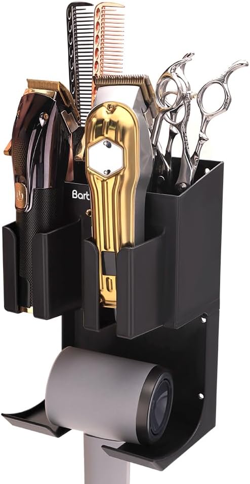 Hair Tool Organizer Wall Mounted, Hair Dryer and Styling Holder with Towel Bar, Bathroom Blow Dryer Holder, Farmhouse Vanity Caddy Storage Stand for Accessories Makeup(Black)