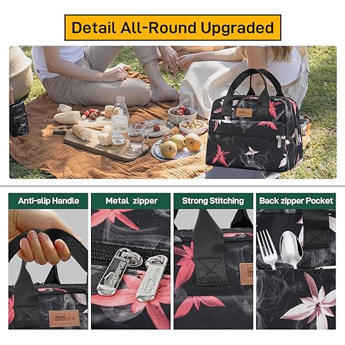Insulated Lunch Bag for Women Men (Pink Flowers)