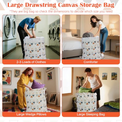 Canvas Laundry Bag with Handles & Drawstring 30"Wx35"H (Triangle Pattern L+ / L+ 30"Wx 35"H┃1 Pack)