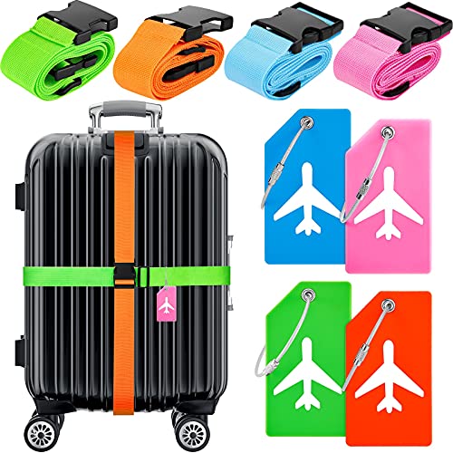 8 Pcs Luggage Straps Suitcase Tags Set for TSA Approved (Blue, Pink, Green, Orange / Airplane)