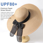 Women Wide Brim Bow Straw Hat Floppy Foldable Beach Sun Hat Roll up Cap UPF 50+ (Khaki (Black Band) /Normal Edge)