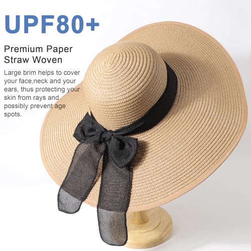 Women Wide Brim Bow Straw Hat Floppy Foldable Beach Sun Hat Roll up Cap UPF 50+ (Khaki (Black Band) /Normal Edge)