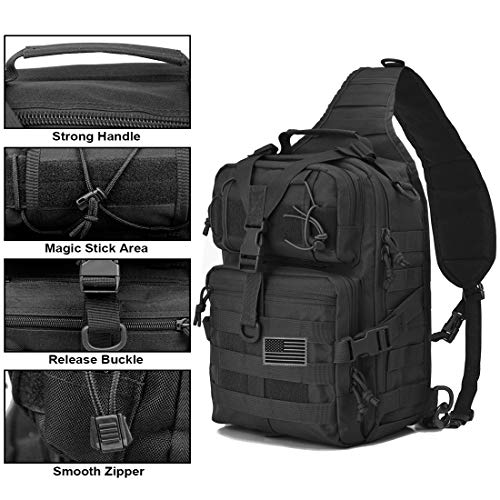 Tactical Sling Bag Pack Military Assault Rucksack Shoulder Bag Backpack Chest Pack Handbag Waterproof for Travel Hiking Camping Trekking Exploring Fishing Hunting (Black Cp)