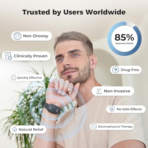 Fashion FDA Cleared Relieve Nausea Electrode Stimulator Morning Sickness Motion Travel Sickness Vomit Relief Rechargeable No Gel Drug Free Wrist Bands Without Side Effects (Charcoal Black)