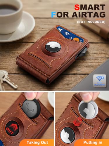 Men Slim Magnetic Leather Airtag Wallet Metal Case Money Clip (Brick Brown8798)