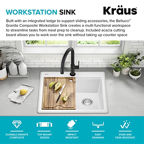 Bellucci 25 inch Granite Workstation Drop In Top Mount Single Bowl Kitchen Sink in White with Accessories (25 Inch / White)
