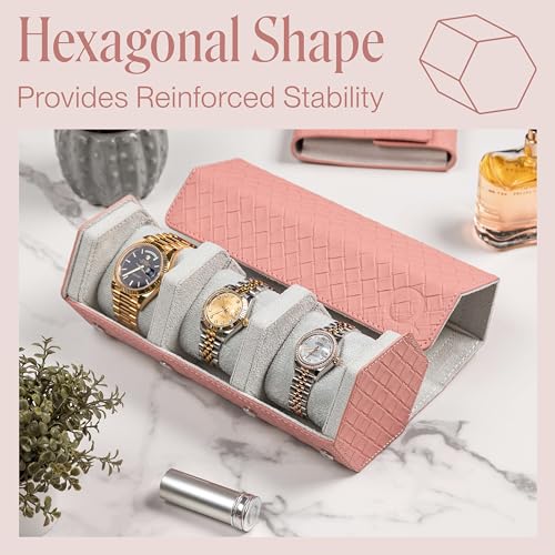 Ladies Leather Watch Roll Travel Case for 3 Watches (3 - Woven Pink / Gray)