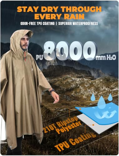 Hooded Rain Poncho for Adult Waterproof Lightweight Raincoat (Dark Khaki)