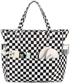 Large Beach Bag for Women (Black White Grid)
