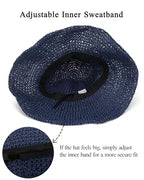 Womens Crochet Straw Sun Hat Foldable Floppy Wide Brim Beach Hat for Summer (One Size / Dark Blue)