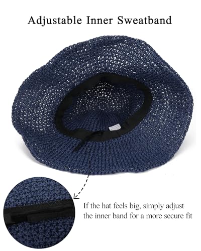Womens Crochet Straw Sun Hat Foldable Floppy Wide Brim Beach Hat for Summer (One Size / Dark Blue)