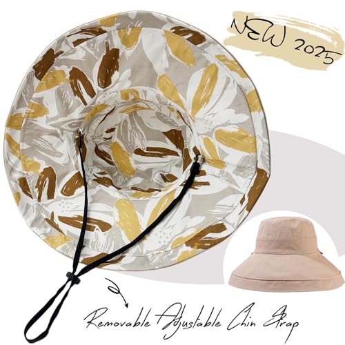Womens Sun Hats Wide Brim Reversible Bucket Cotton Hat Packable Summer Travel Cap with Hat Clip (Medium / Khaki2)