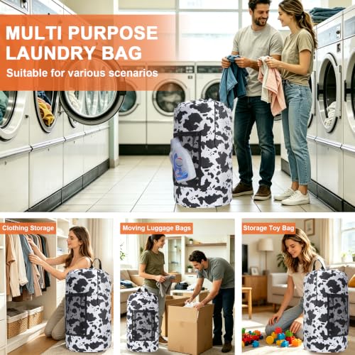 Laundry Backpack Portable Travel Laundry Bags with Straps and Mesh Pocket (Cow Print / 2 Pack)