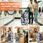 Laundry Backpack Portable Travel Laundry Bags with Straps and Mesh Pocket (Cow Print / 2 Pack)