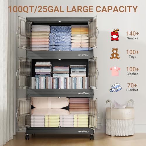 400Qt Stackable Storage Bins with Lid (Black / 100QT-4Pack)
