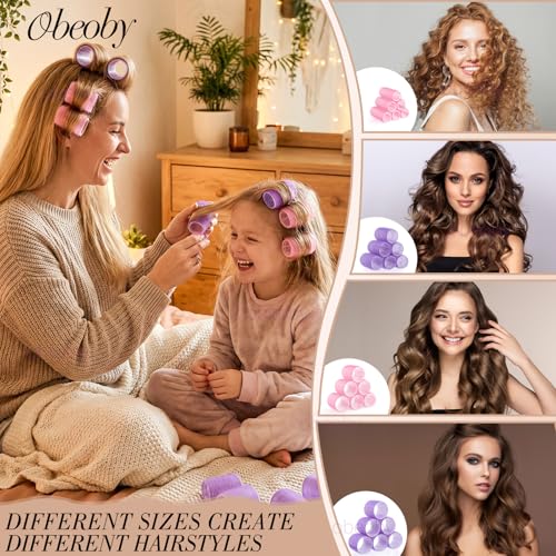4 Sizes Hair Rollers Curler Set with Clips for Women (Pink and Purple)