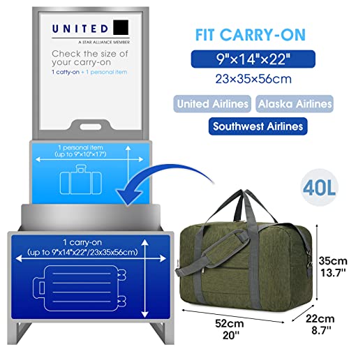 For United Airlines Foldable Carry on Bag 22x14x9 Travel Duffel Bag Packable luggage Duffle for Women and Men 40L (Army Green / 40L)