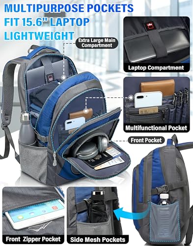 Backpack Bookbag for College Sturdy Travel Business Hiking Fit Laptop Up to 15.6 Inch Multi Compartment Gifts for Men Women Night Light Reflective (15.6 Inch / Blue a)