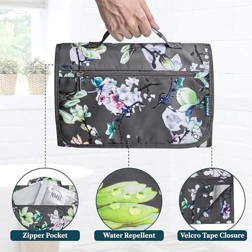 Hanging Toiletry Bag for Women Men Foldable Travel Organizer Floral (Grey Floral)
