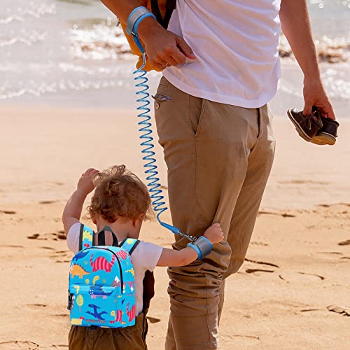 Toddler Backpack Leash with Anti Lost Wrist Link (Light Blue/Dino, Blue Link)