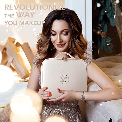 Travel Makeup Bag Cosmetic Bag Makeup Organizer Bag with Lighted Mirror (Khaki / Small)