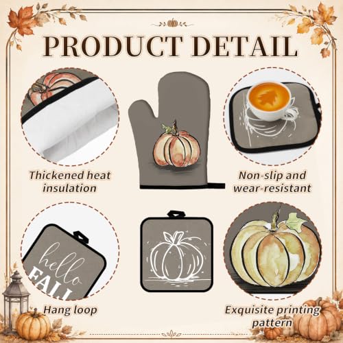 10 Pcs Fall Pumpkin Kitchen Decor Set Kitchen Towels Pot Holders Oven Mitts and Rugs Set Thanksgiving Towels for Baking Cooking BBQ Autumn Home (Light Brown / Minimalist Style Pumpkin)