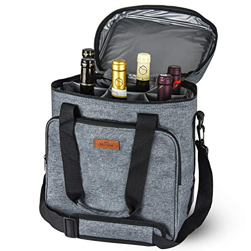 Insulated Wine Carrier 6 Bottle Bag Tote Removable Padded Divider Cooler (6-Bottle / 6-grey)