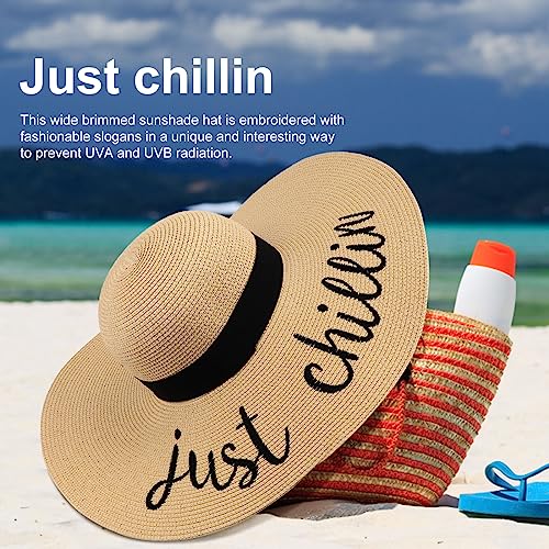 Big Straw Sun Hats for Women Floppy Foldable Roll up Beach Cap Sun Hat UPF 50+ Vacation Honeymoon Embroidered Hat (Ae Just Chillin: Khaki)