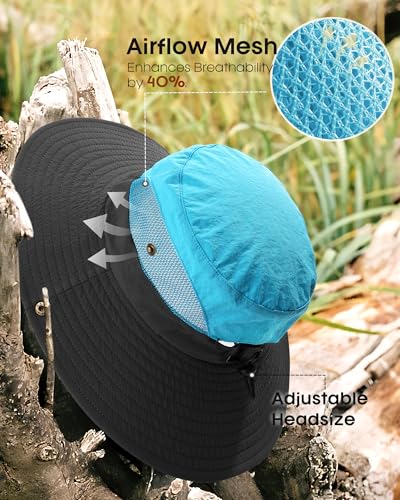 Womens Sun Hat with Ponytail Hole Beach Hiking Summer Wide Brim UPF 50+ Outdoor Protection Foldable Bucket Hat Blue (Blue)