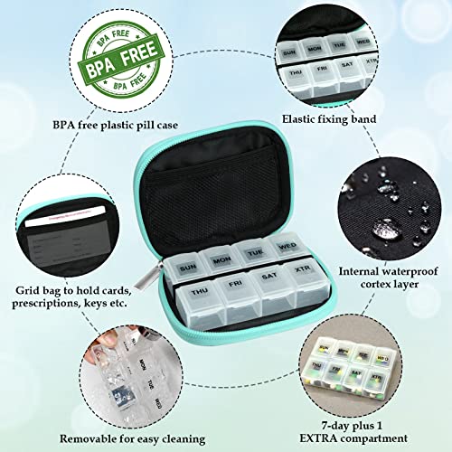 Weekly Travel Pill Organizer Cute Pill Case with 7 Day Pill Box (2 Cases + 2 Boxes / C. Black 01 + Green 01)